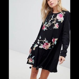 ASOS long sleeve embroidered drop waist dress